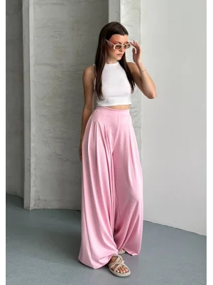 Kadın Yüksek Bel Pileli Bol Paça Pudra Pembe Pantolon
