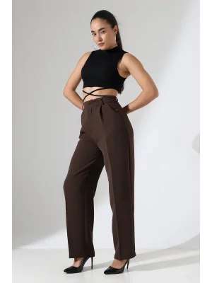 Kadın Yüksek Bel Pileli Kahve Palazzo Pantolon