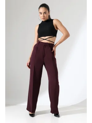 Kadın Yüksek Bel Pileli Mürdüm Palazzo Pantolon