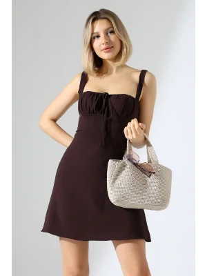 Mini Drapeli Aerobin Astarlı Kahverengi Elbise