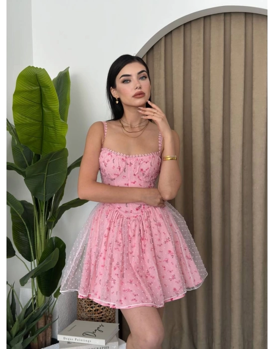 Kadın Askılı Nakış Detay Tüllü Mini Elbise