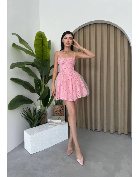 Kadın Askılı Nakış Detay Tüllü Mini Elbise