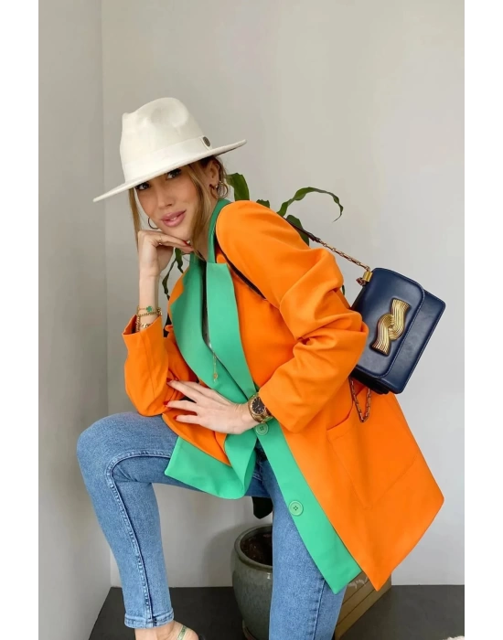 Kadın Astarlı Turuncu Yeşil Blazer Ceket