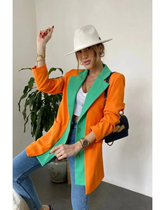 Kadın Astarlı Turuncu Yeşil Blazer Ceket
