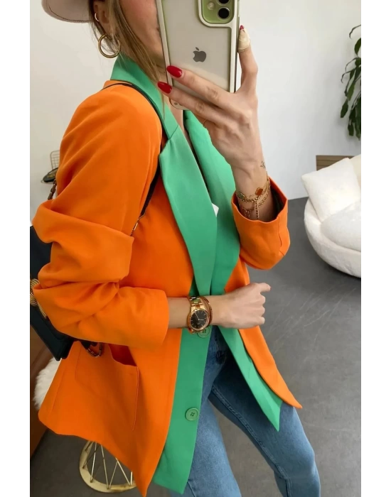 Kadın Astarlı Turuncu Yeşil Blazer Ceket