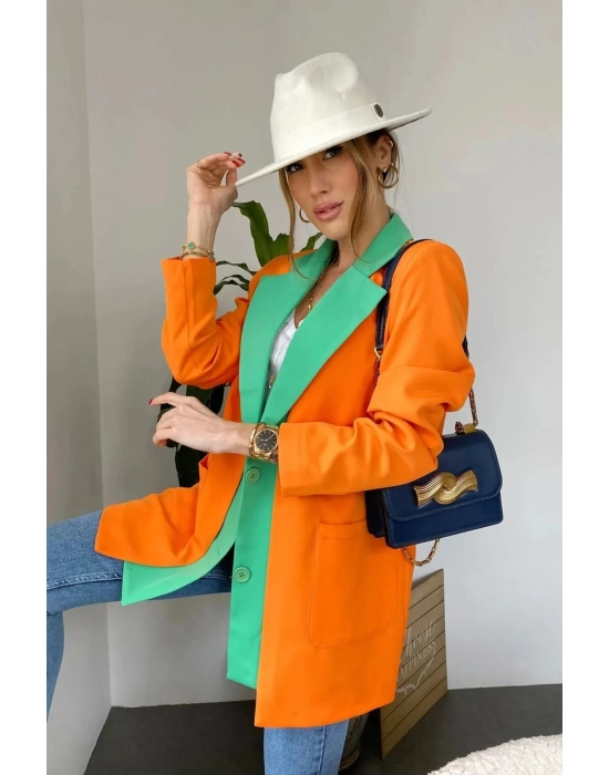 Kadın Astarlı Turuncu Yeşil Blazer Ceket