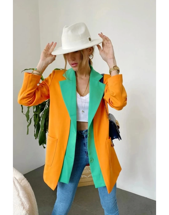Kadın Astarlı Turuncu Yeşil Blazer Ceket