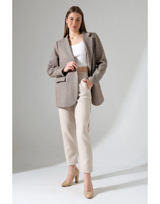 Kadın Balık Sırtı Dirsek Detaylı Tek Düğme Kruvaze Blazer Ceket