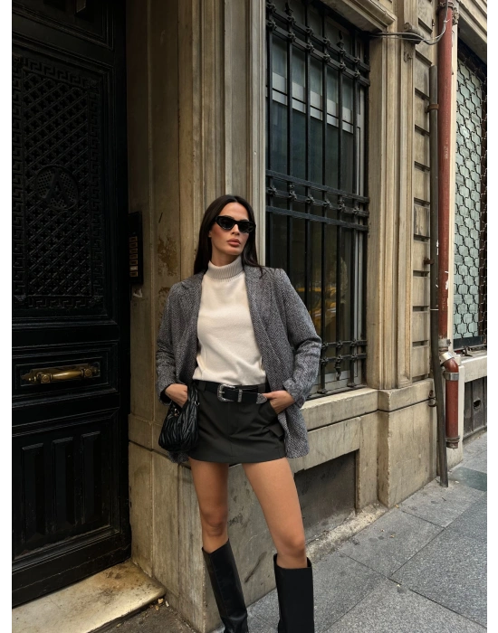 Kadın Balık Sırtı Dirsek Detaylı Tek Düğme Kruvaze Blazer Ceket