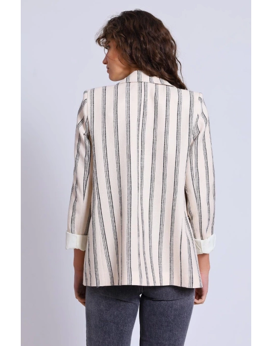Kadın Çizgili Kol Katlamalı Keten Blazer Ceket