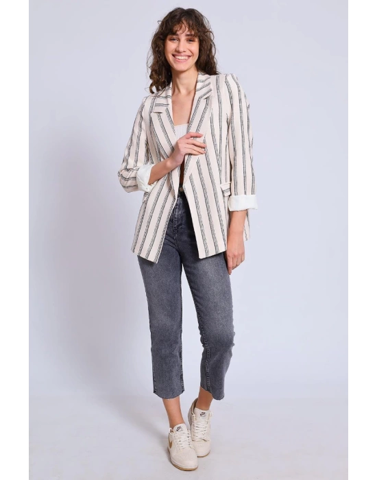 Kadın Çizgili Kol Katlamalı Keten Blazer Ceket