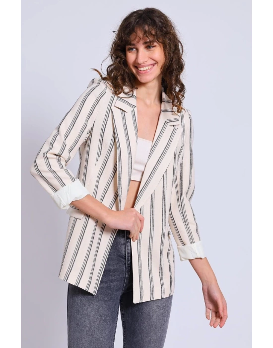 Kadın Çizgili Kol Katlamalı Keten Blazer Ceket