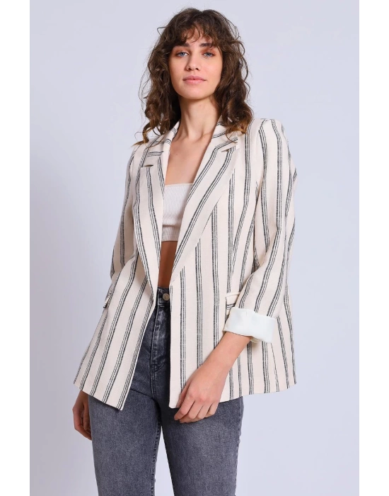 Kadın Çizgili Kol Katlamalı Keten Blazer Ceket