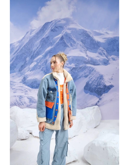 Kadın Denim Mix Peluş Mont