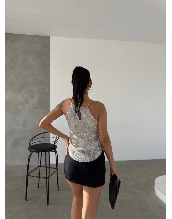 Kadın Halter Yaka Pul Payet Bluz
