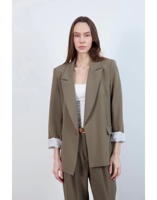 Kadın Kolu Katlamalı Haki Blazer Ceket