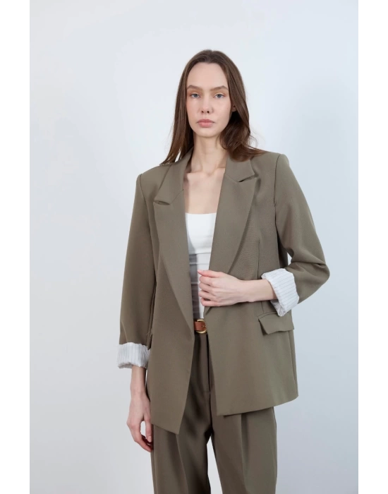 Kadın Kolu Katlamalı Haki Blazer Ceket