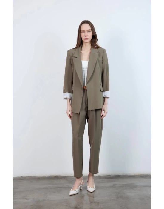 Kadın Kolu Katlamalı Haki Blazer Ceket