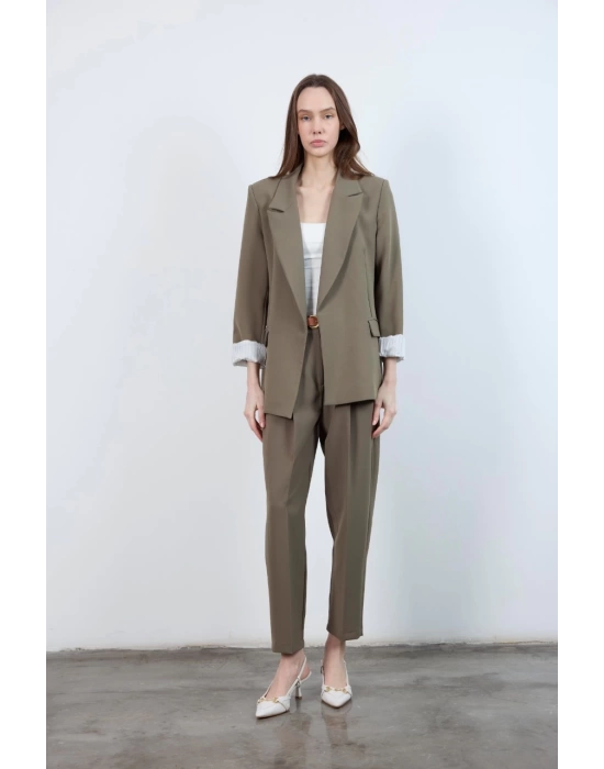 Kadın Kolu Katlamalı Haki Blazer Ceket