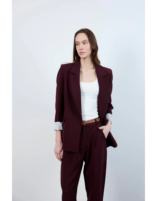 Kadın Kolu Katlamalı Mürdüm Blazer Ceket