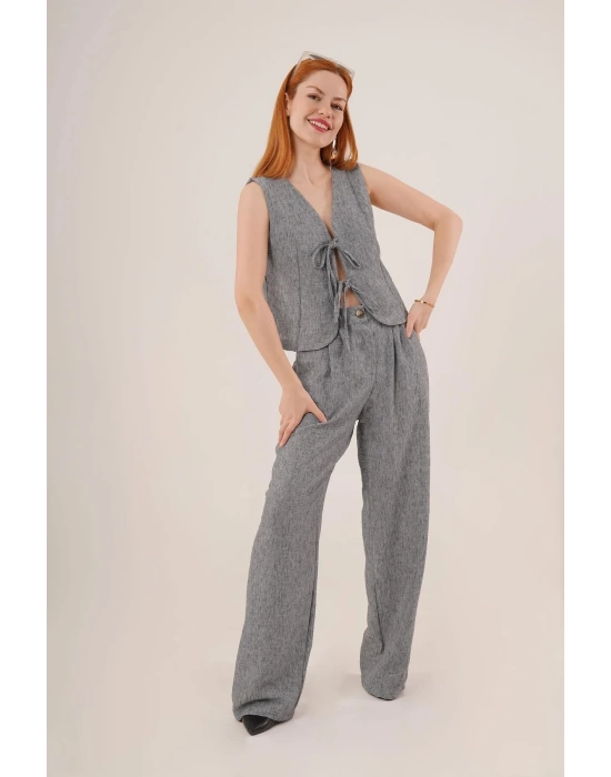 Kadın Ön Bağlama Detaylı Yelek Ve Pantolon Füme Ikili Takım