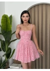 Kadın Askılı Nakış Detay Tüllü Mini Elbise