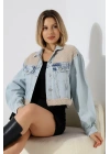 Kadın Buz Mavi Eteği Peluşlu Kot Ceket