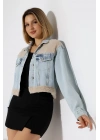 Kadın Buz Mavi Eteği Peluşlu Kot Ceket