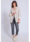 Kadın Çizgili Kol Katlamalı Keten Blazer Ceket