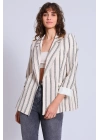 Kadın Çizgili Kol Katlamalı Keten Blazer Ceket