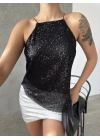 Kadın Halter Yaka Pul Payet Bluz