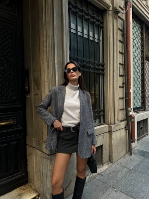 Kadın Balık Sırtı Dirsek Detaylı Tek Düğme Kruvaze Blazer Ceket