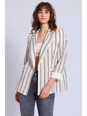Kadın Çizgili Kol Katlamalı Keten Blazer Ceket