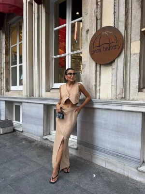 Kadın Keten Yelek-Etek 2li Takım