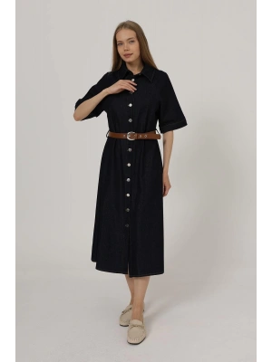 Kadın Kısa Kol Düğmeli Denim Elbise