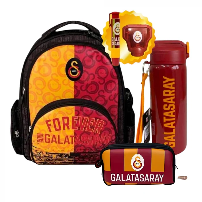 Galatasaray 3 BÖLMELİ FOREVER OKUL ÇANTASI , KALEM ÇANTASI - ÖZEL KUTUSUNDA TERMOS MATARA SET