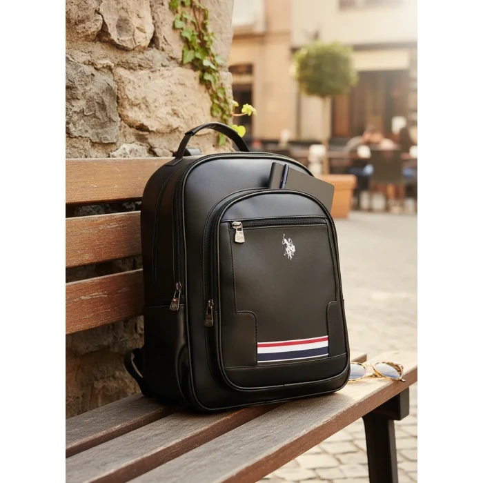 U.S. Polo. Assn. Vegan Suni Deri Laptop Bölmeli Sırt Çantası Ve Omuz Askılı Çapraz Çanta - Siyah