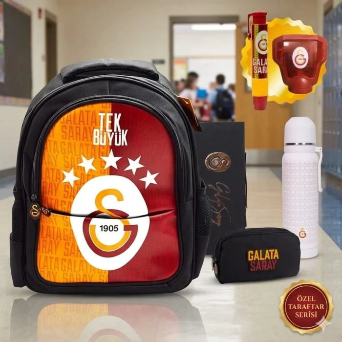 Galatasaray 5 Yıldız Tek Büyük Suni Deri Okul Çantası , Kalem Çantası - Çelik Termos Matara Set