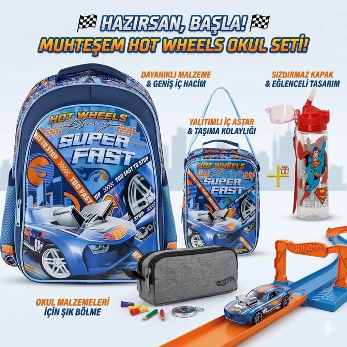 Hot Wheels Lisanslı Okul Çantası , Beslenme Çantası , Kalemlik Set - Suluk&Matara Hediye