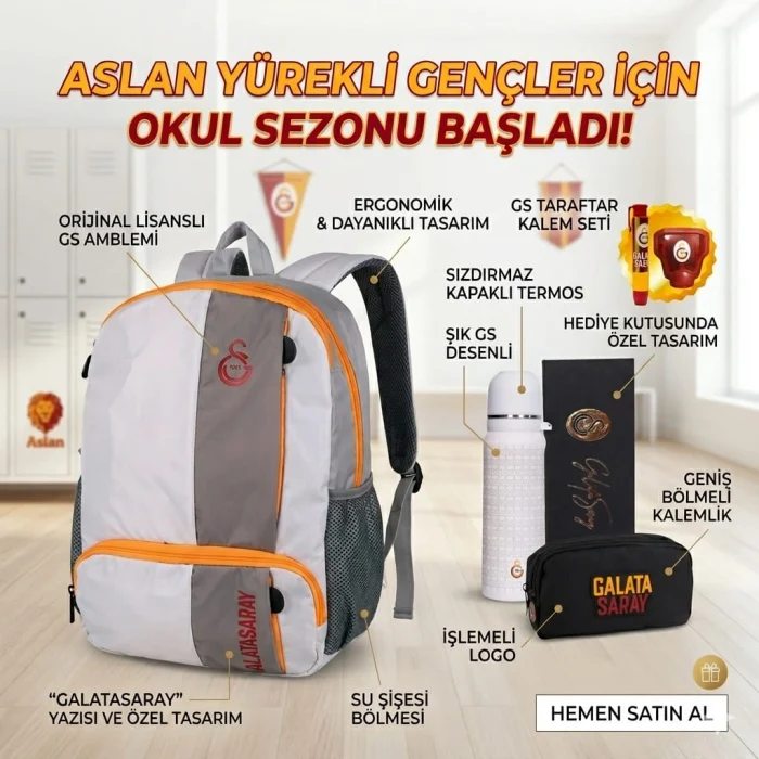 Galatasaray Lisanslı Okul Çantası , Çift Gözlü Kalem Çantası - Çelik Matara Hediye