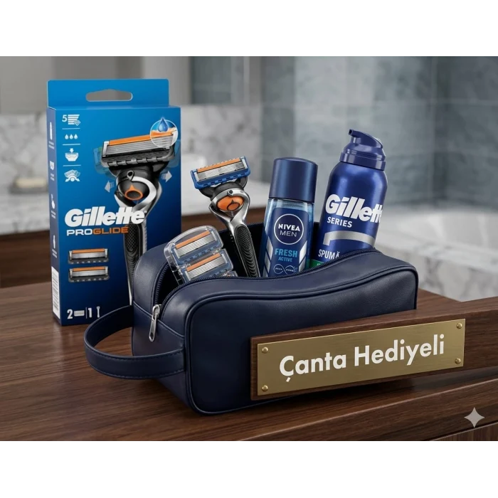 Gillette Fusion ProGlide FlexBall Tıraş Makinesi + Yedek Başlığı , Nivea Deodorant , Köpük , Seyahat Çantası