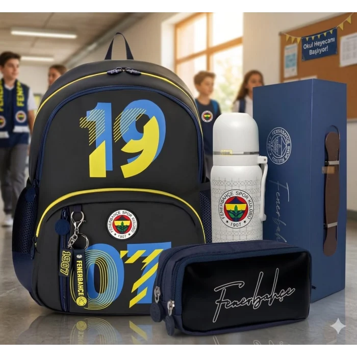 Fenerbahçe Okul Sırt Çantası Kalem Kutusu , Bardaklı Kapak Çelik Termos Set