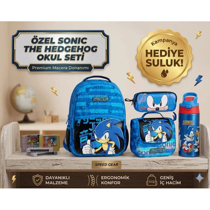 Sonic Boom Okul Çantası , Beslenme Çantası , Kalem Çantası - Sonic Çelik Matara 500 Ml Hediye