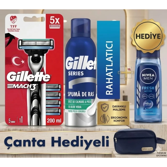 Gillette Mach 3 Tıraş Bıçağı Yedek Milli Takım Serisi + Gillette Tıraş Köpüğü + Nivea For Men Fresh Pump + Vegan Seyahat Çantası