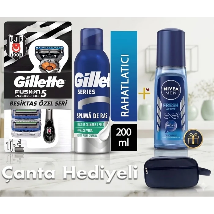 Gillette Fusion Beşiktaş Özel Seri Proglide Makine + Yedek Bıçak + Tıraş Köpük + Nivea Deodorant + Seyahat Çantası