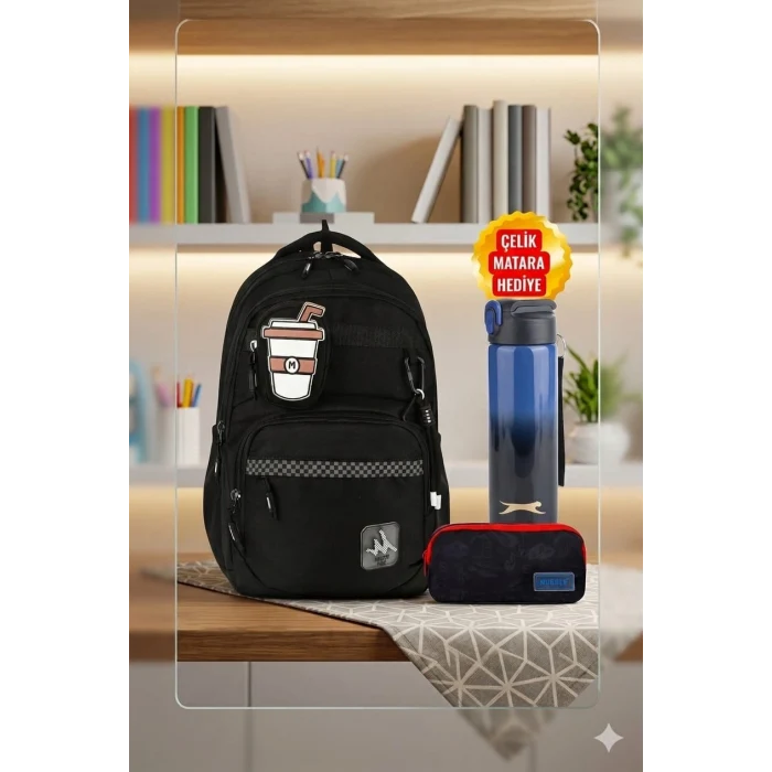 MASTER PACK Okul Çantası , Çift Gözlü Kalem Çantası , Para Cüzdanı ve Çelik Matara 700 ml Hediye