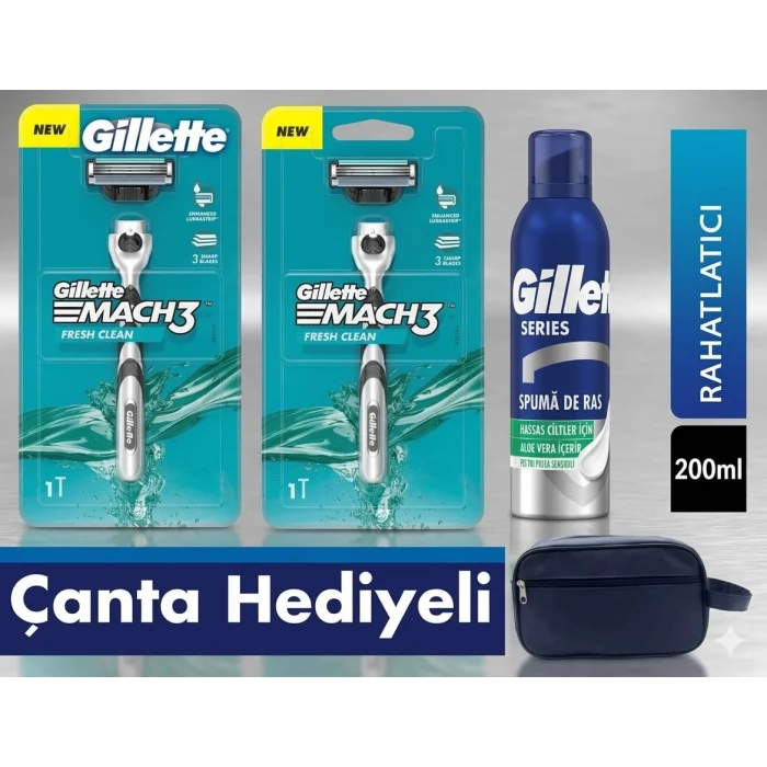 Gillette Mach3 Tıraş Makinesi 2li + Tıraş Köpüğü + Seyahat Çantası