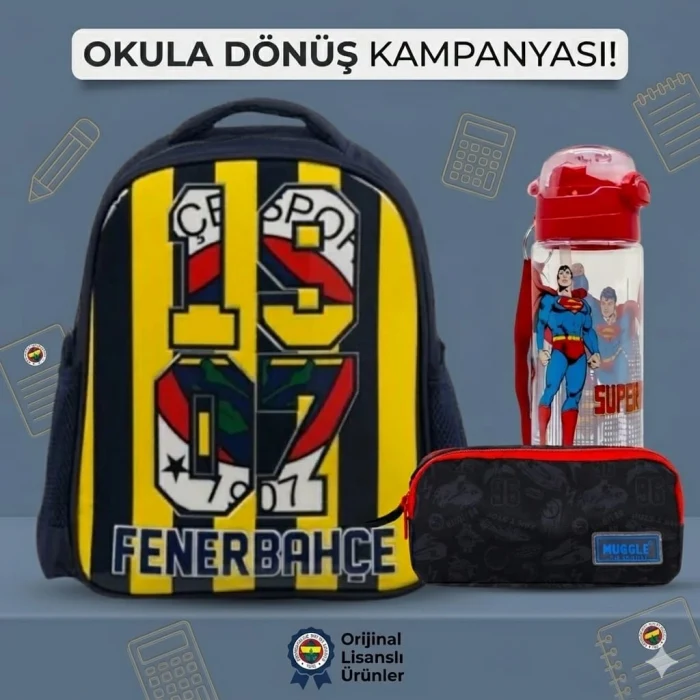 Fenerbahçe Lisanslı Anaokulu Çantası , Muggle Çift Gözlü Kalemlik - Lisanslı Suluk Matara Hediye