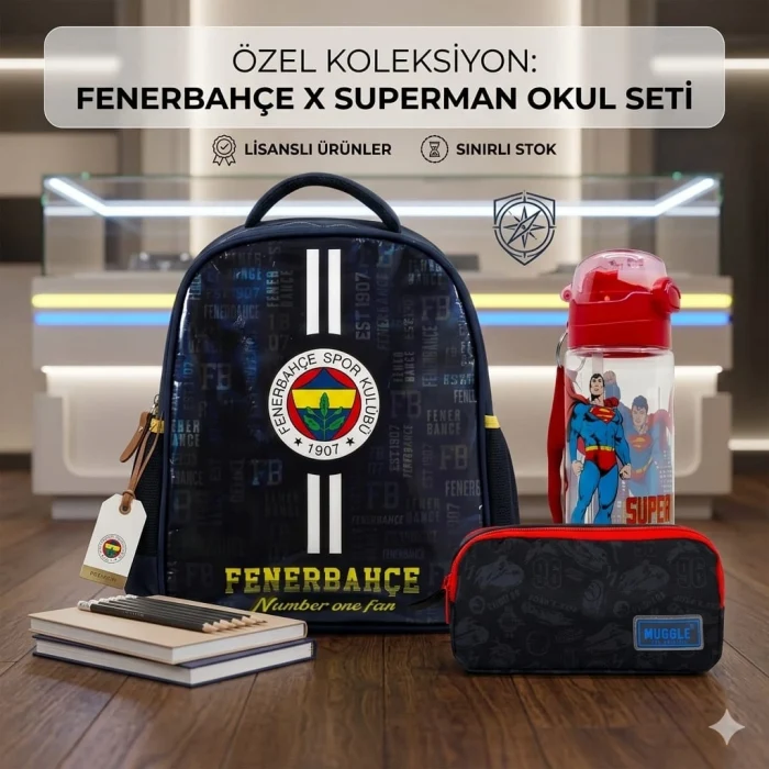 Fenerbahçe Lisanslı Anaokulu Çantası , Muggle Çift Gözlü Kalemlik - Lisanslı Suluk Matara Hediye