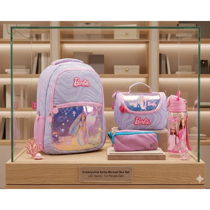Barbie Okul Çantası - Barbie Beslenme Çantası - Çift Gözlü Kalemlik - Barbie Suluk Matara Hediye